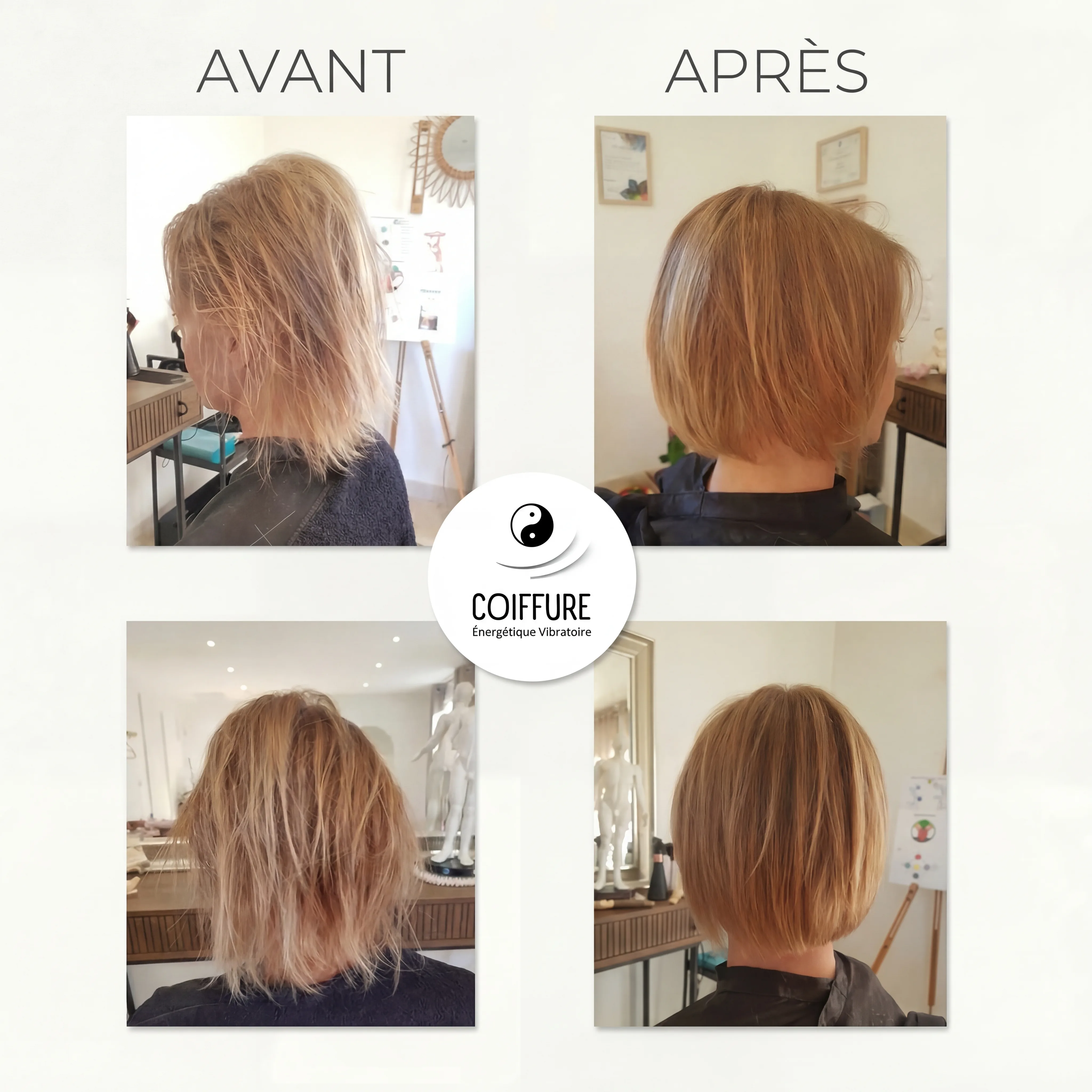 Résultat avant/après coiffure vibratoire — Méthode Holistique