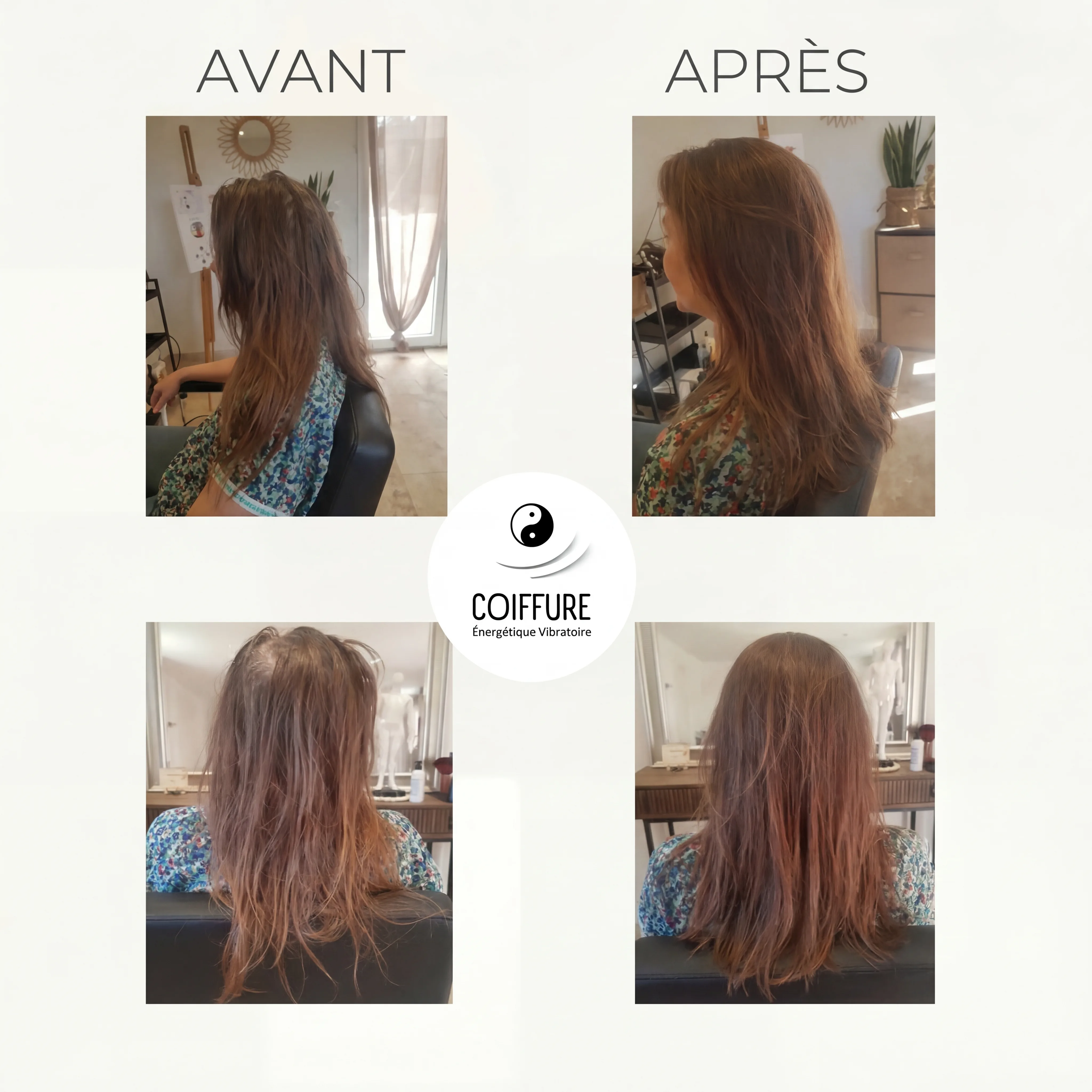 Résultat avant/après coiffure vibratoire — Vitalité et brillance